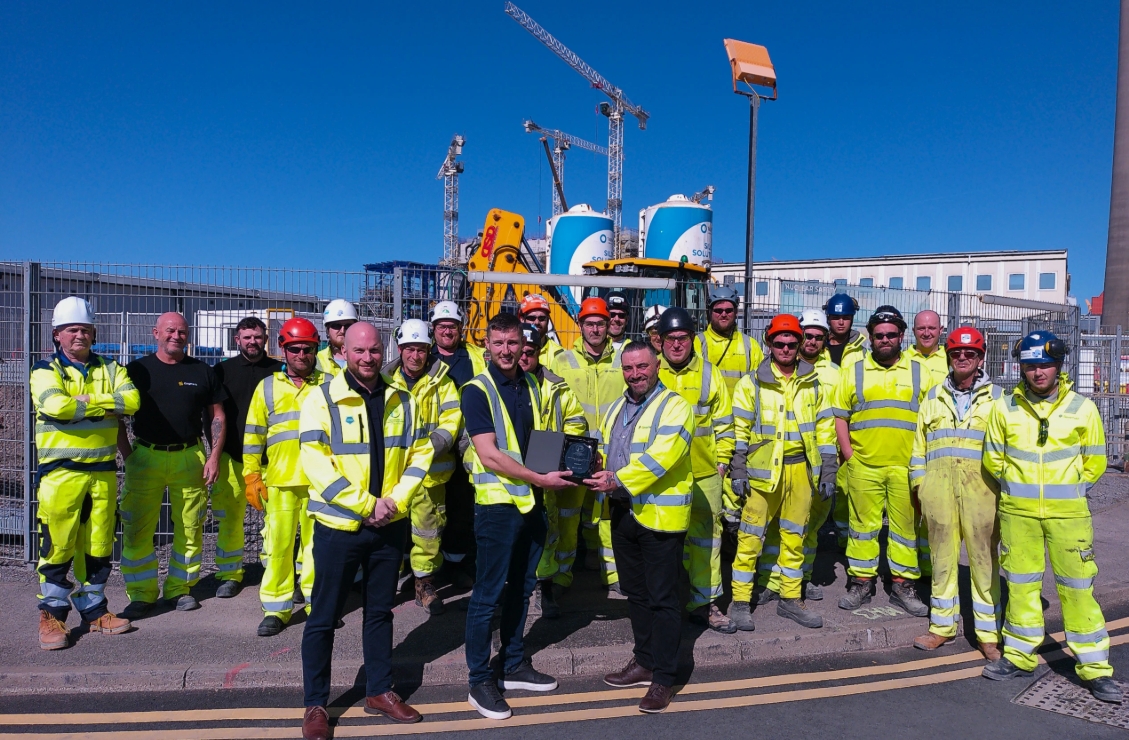 Severfield are this month's Safety Energy Contractor of the Month on SRP: Front - left to right: Simon Clarkson, SRP health and safety advisor, Severfield's Karl Hine, senior SHE advisor, and John Dunleavey, SHE advisor, and the proud Severfield workforce on SRP.