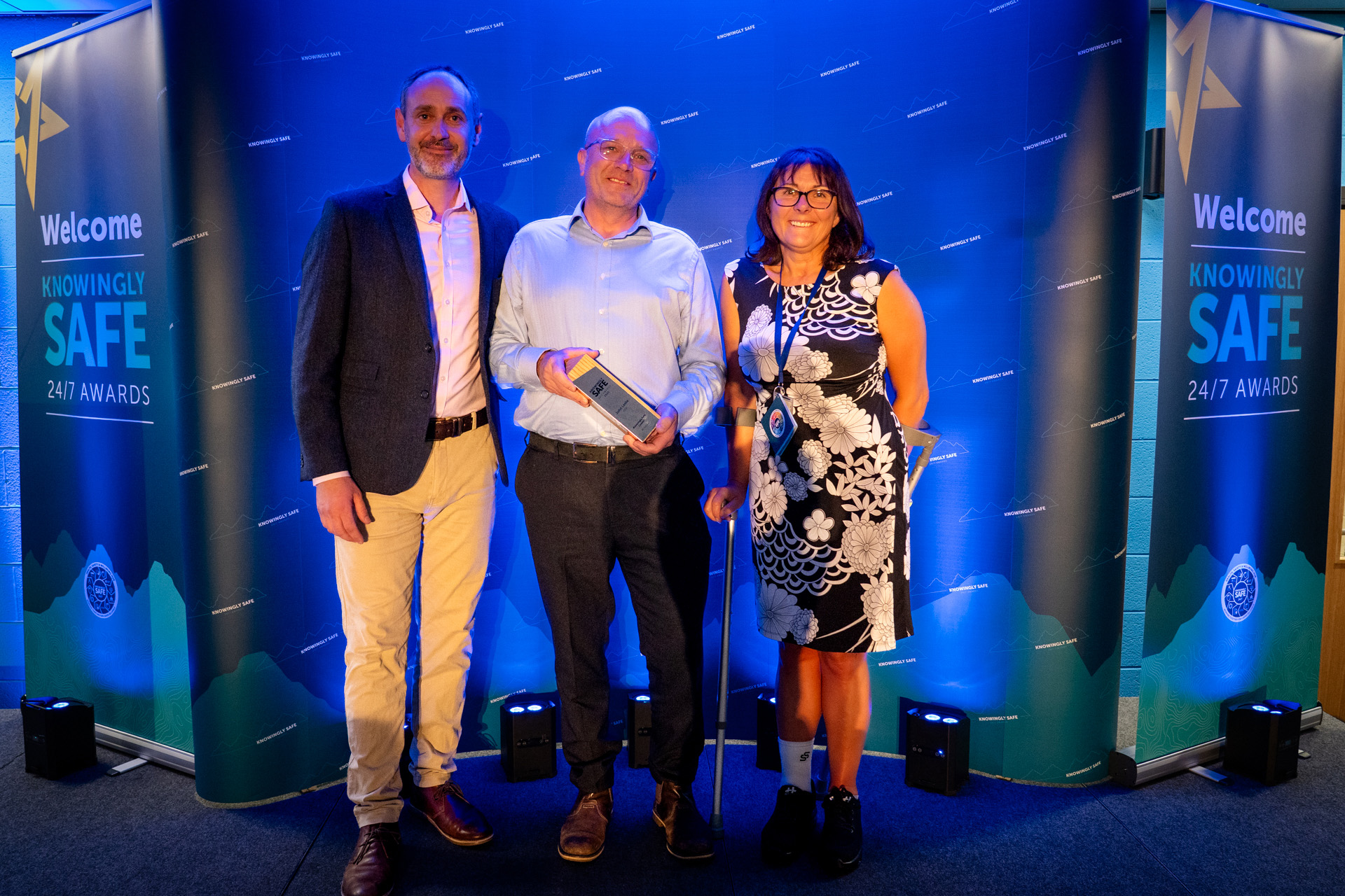 Our Knowingly Safe Leader Award winner John Leslie, centre, with James Lewis, head of EHSSQ, and Susan Mackenzie, corporate head of safety, safeguards and quality.